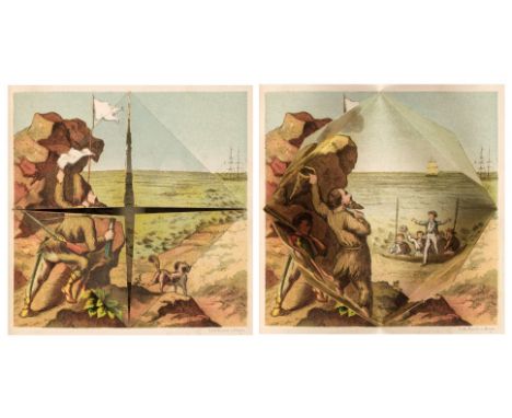 Dean &amp; Son (Publisher). Robinson Crusoe with suprise pictures, [1874], 6 full-page colour illustrations, printed flap at 
