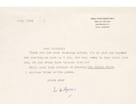 * Auden (Wystan Hugh, 1907-1973). Typed Letter Signed, ‘W. H. Auden’, 3062 Kirchstetten, Hinterholz 6, Austria, 23 July [1969