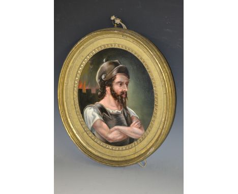 Italian School (19th century)
Portrait of a Soldier, a City Burning in the Distance
oil on board, oval, 24.5cm x 20cm