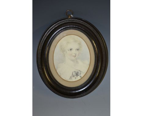 English School (19th century)
Portrait of a Child
signed in pencil McCl** and dated 1840, watercolour, oval, 10cm x 8cm