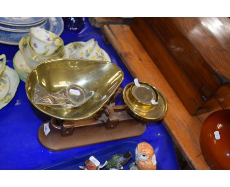 Vintage brass kitchen scales and weights
