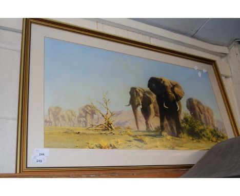 David Shepherd, coloured print of elephants, framed and glazed