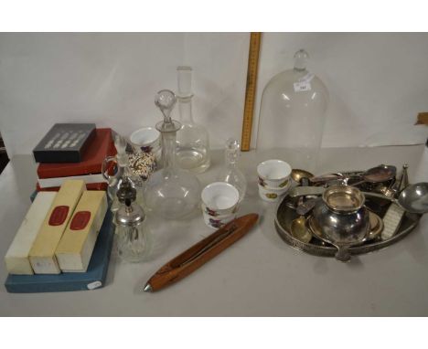Mixed Lot: Various silver plated cutlery, vintage loom shuttle, glass dome top cover, decanters and other items