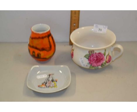 Small Poole Pottery vase, a miniature chamber pot and a Wade ashtray