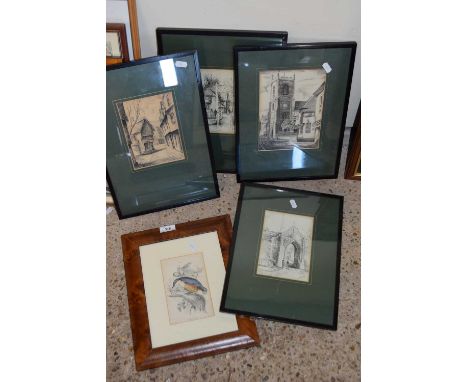 Group of four monochrome prints, views of Norwich and a further hand coloured print of a European Nuthatch (5)