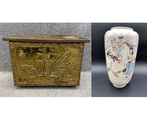 A mid century German vase, hand decorated and signed along with a vintage embossed brass log bin. H.33 W.46 D.31cm (chest), H