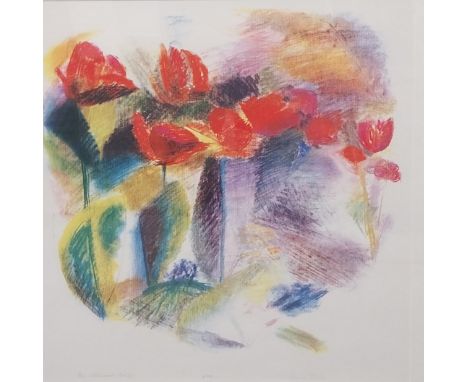 Cecile Elstein (b.1938), a signed and limited edition lithograph titled 'The Afternoon Tulips'. Framed and glazed. H.96 W.78c