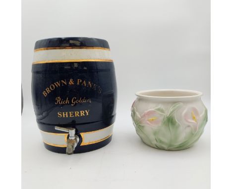 A Brown &amp; Panks ceramic sherry barrel with cover and tap, and a bowl with moulded lily design. H.30 Dia.23.5cm.