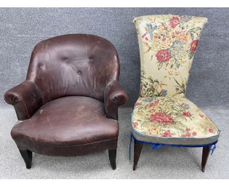 A mid-century leather low button back chair with scrolling arms raised on square tapering supports, along with a late 19th/ea