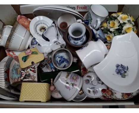 A box of china to include Wedgwood &amp; Hammersley 