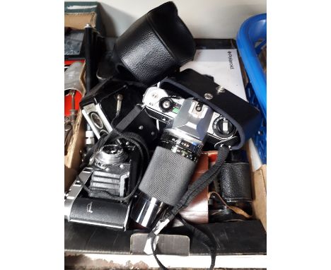 A box of cameras to include Pentax MG, Franka Solida II, Kodak, digital Polaroid and a pair of binoculars in case 