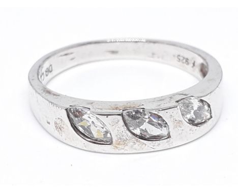 A silver ring set with three marquis cut colourless stones, marked '925 DQCZ', size U, with box. 