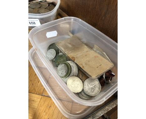 A box with collection of coins, memorabilia and a WWI Victory medal awarded to 50417 PTE A.E. Morris S. Lan R 