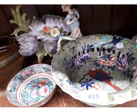 19th century Spode basket - repaired, Chinese small dish and a porcelain figure bowl 