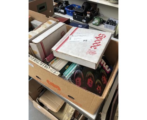 Box of magazines and three spode plates 