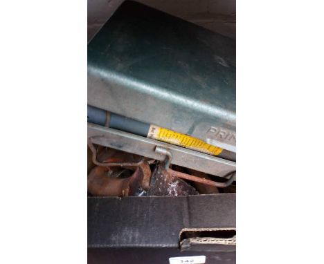 A box of misc tools including battery charger, gas stove, gardening tools, etc 