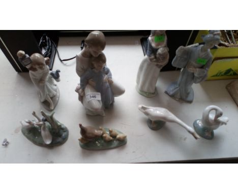 A collection of 4 Nao figures, 2 Lladro geese and 2 other similar figuresCondition: foot repair on Nao girl with lantern, res