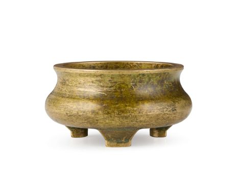  CHINESE BRONZE TRIPOD CENSER 'YA TANG QING WAN' MARK 亞堂清玩款 銅三足爐of compressed bulbous form supported on three short feet, the