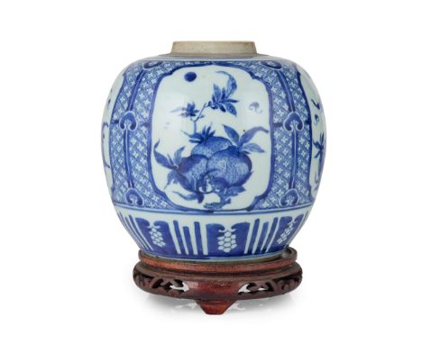  CHINESE BLUE AND WHITE 'SANDUO' GINGER JAR QING DYNASTY, QIANLONG PERIOD 清乾隆 青花開光三多圖罐 帶木座finely decorated with the Three Abu