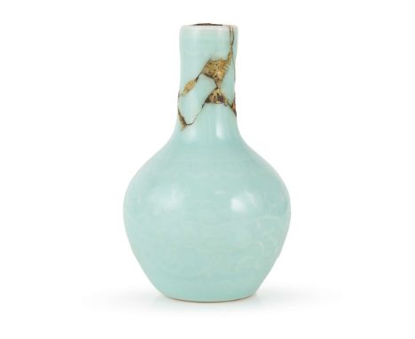  SMALL CHINESE RELIEF-DECORATED CELADON-GLAZED BOTTLE VASE QIANLONG MARK AND POSSIBLY OF THE PERIOD 乾隆款或到代 豆青釉暗花纏枝蓮紋小瓶decorat