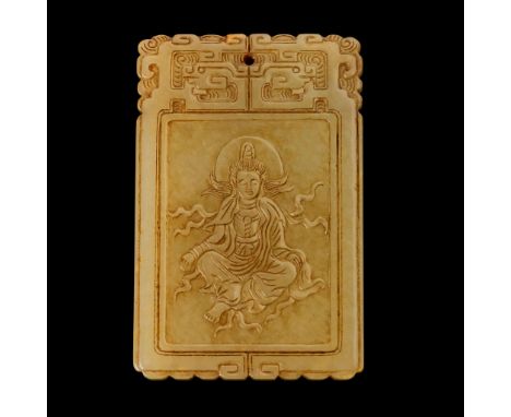  [PRIVATE ENGLISH COLLECTION, ENGLAND] CHINESE YELLOW JADE 'BODHISATTVA' PENDANT QING DYNASTY, 19TH CENTURY 清 黃玉雕觀音長方玉牌of rec