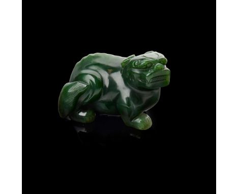  [PRIVATE ENGLISH COLLECTION, ENGLAND] CHINESE SPINACH JADE CARVING OF A MYTHICAL ANIMAL, BIXIE 20TH CENTURY OR EARLIER 二十世紀或