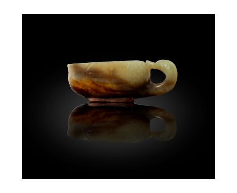  [PRIVATE ENGLISH COLLECTION, ENGLAND] CHINESE CELADON JADE WITH RUSSET INCLUSIONS 'GOOSE' CUP  青玉帶沁雕鵝首杯the oval cup with a s