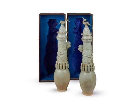 LARGE PAIR OF QINGBAI-GLAZED FUNERARY JARS WITH COVERS SONG TO YUAN DYNASTY 宋至元 青白釉貼雲龍人物紋大蓋瓶 （一對）each slender pear-shaped va
