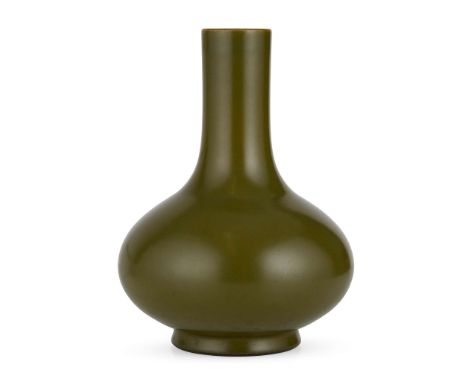  CHINESE TEADUST-GLAZED VASE QIANLONG MARK 乾隆款 茶葉末釉荸薺瓶of compressed pear form rising from a short and slightly spreading foot