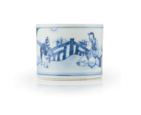  SMALL CHINESE BLUE AND WHITE 'SCHOLAR' CENSER JIAQING MARK 嘉靖款 青花文人小香爐of cylindrical form, finely painted with a literati le