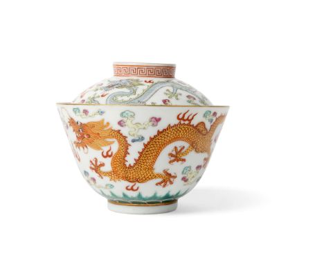  CHINESE FAMILLE ROSE 'DRAGON' BOWL WITH COVER QING DYNASTY, GUANGXU MARK AND OF THE PERIOD 清光緒款及年代 粉彩趕珠龍紋蓋碗both the cover an