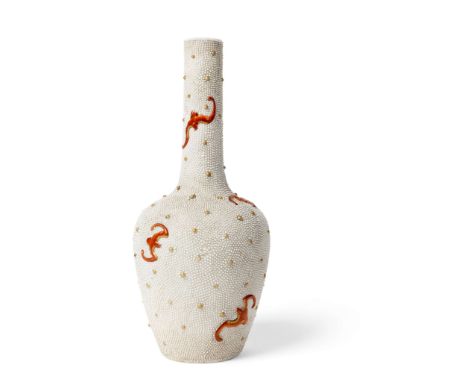  CHINESE IRON-RED-DECORATED PEARL-GROUND VASE QIANLONG MARK BUT REPUBLIC PERIOD 民國 乾隆款 珍珠地礬紅彩五蝠紋瓶the body and elongated neck 