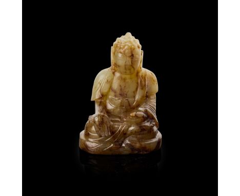  [PRIVATE ENGLISH COLLECTION, ENGLAND] CHINESE PALE CELADON WITH RUSSET INCLUSIONS SEATED BUDDHA MING TO QING DYNASTY 明至清 青玉帶