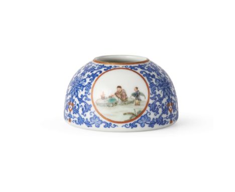  CHINESE FAMILLE ROSE 'FALANGCAI' WATER POT  居仁堂製款 琺瑯彩開光粉彩人物紋筆洗of half-globular form, the exterior finely painted with small 