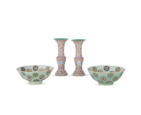  TWO PAIRS OF CHINESE FAMILLE ROSE WARES LATE QING DYNASTY TO REPUBLIC PERIOD, 19TH-20TH CENTURY 清末民初 乾隆款 粉彩纏枝花卉紋花觚 及 豆青地粉彩皮球