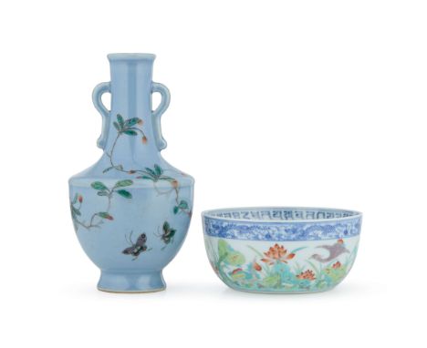  [PRIVATE PORTUGESE COLLECTION] TWO CHINESE PORCELAIN FAMILLE ROSE WARES QIANLONG AND DAOGUANG MARKS 乾隆款 天藍地粉彩花蝶紋雙耳瓶 及 道光款 鬥彩
