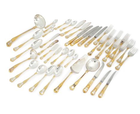 Carrs, Sheffield, a bespoke canteen of 'Partial Gold Coburg' pattern 12-place cutlery contained in a black-lacquered case, co