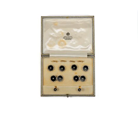 A set of Asprey & Co 18ct gold, platinum, black enamel and pearl octagonal dress studs and cufflinks, comprising four dress s