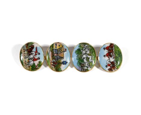 A pair of gentleman's 18ct gold and enamel cufflinks depicting a hunting scene, approx. 12.4 gms.   Provenance: The late Lord