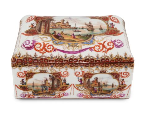 A German porcelain chinoiserie casket with domed cover, finely and colourfully painted on all sides in the manner of Johann G