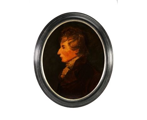 An oval oil on board profile portrait, titled Henry Kirke White (1785-1806) poet, signed lower right T. Wilkinson dated 1801,