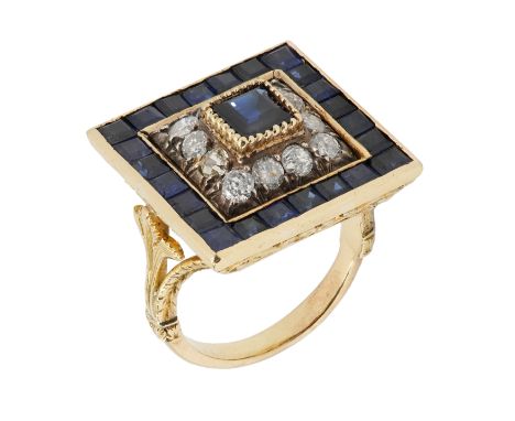 Continental 18ct gold, diamond and sapphire ring. The ring set with a central peacock blue sapphire measuring 5mm, surrounded
