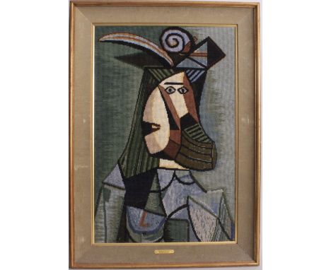 After Pablo Picasso, Portrait of a Woman in a hat, needlework, framed, 61cm x 88cm