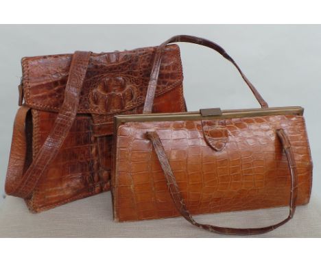 Two vintage alligator bags. A 1950's possibly tourist ware alligator shoulder bag with heavy back scale details to the front.