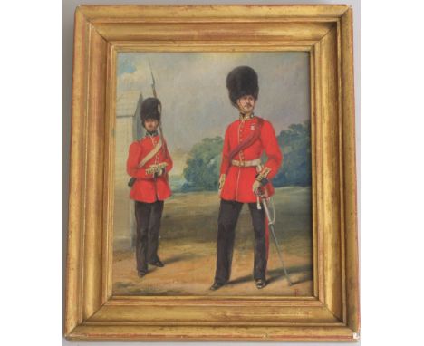 English School, 19th Century, Portrait of Grenadier Guardsmen, oil on board, signed with monogram “PT”, framed, 23 x 18.5 cm
