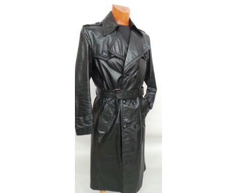 1970's full length black leather trench coat with deep back vent detail - 36" chest. 1970's black leather button through fitt