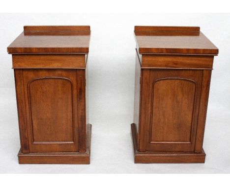 A pair of mahogany pedestalls, square top above long drawer and arched panelled door enclosing drawers and shelves, 53cmW