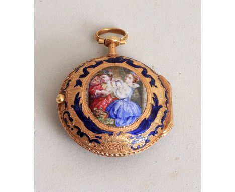 An early 18th century French gold, gilt metal and enamel open face verge pocket watch with porcelain portrait, signed Gilbert