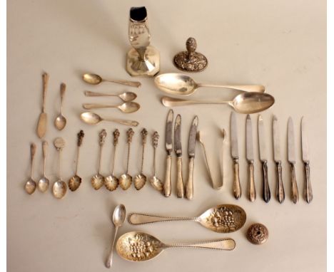 A mixed lot of silver and plated flatware, including two Georgian Glasgow hallmarked silver dinner spoons, six silver handle 