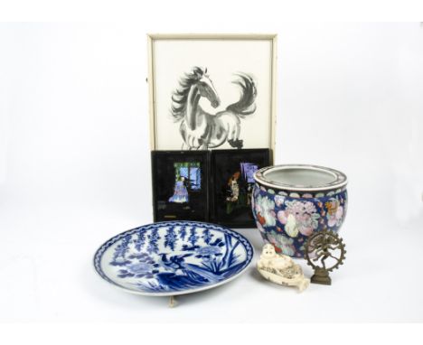 A Chinese print of a horse in motion together with various Oriental collectables, including a large blue and white charger, d